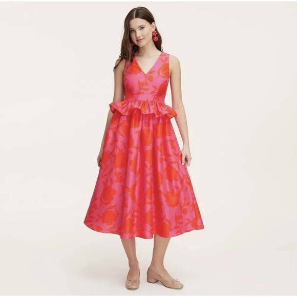 Kate Spade For Target Classic Rose Peplum Midi Dress Ladies Size 12 Red & Pink - Picture 2 of 16